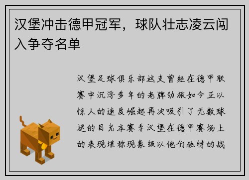 汉堡冲击德甲冠军，球队壮志凌云闯入争夺名单