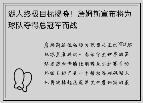 湖人终极目标揭晓！詹姆斯宣布将为球队夺得总冠军而战