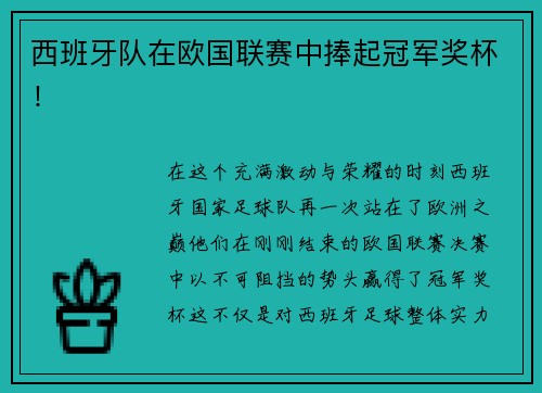 西班牙队在欧国联赛中捧起冠军奖杯！